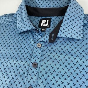 FootJoy Mens L Blue Black Palm Tree Print Golf Polo Shirt Stretch Lightweig